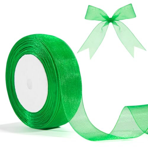 Organzaband Geschenkband Grün Geschenkverpackung Verpackungsbänder 25mm 46m Geschenkbänder Bänder Zum Basteln Grün Tüll für Geburtstagsdeko Hochzeits Weihnachtstag Kommunion Taufe Kränze Osterdeko