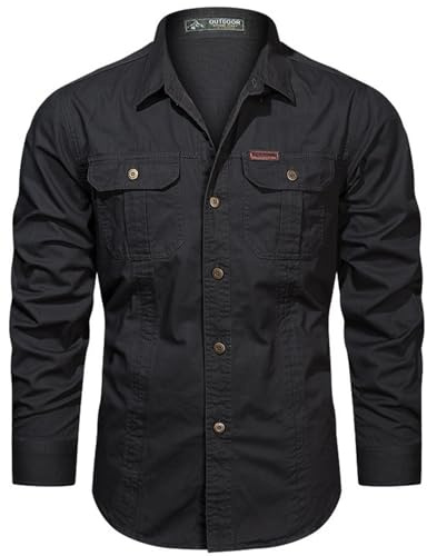 PADOLA Chemise Homme Manches Longues Slim Fit Coton Boutonnée Chemises avec Poches Col Rever Chemise de Travail Cargo Uni Chemisette Militaire Tactique Shirt Safari Habit (2 Noir, XL)