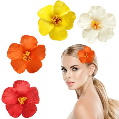 EIROVYA pinces à cheveux fleurs hawaïennes pour femmes, pince à cheveux Plumeria-Hibiscus, pinces à fleurs artificielles pour vacances, fête à la plage, 4 pièce
