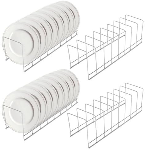 awliye 4 Stück Plate Stand, Tellerständer Tellerhalter mit 8 Slots, Edelstahl Drainer, Multifunktionale Teller Organizer Schrank, Topfdeckelhalter für Teller, Deckel, Bakeware(Silber)
