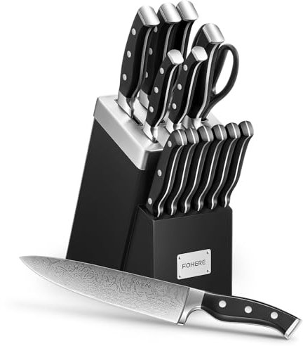 FOHERE Kitchen Knife Set, 14 Pieces Knife Set with Integrated Sharpener, Stainless Steel Knife Block Set with Waved Pattern, Rust & Stain Resistant, Triple Riveted Handle, Black
