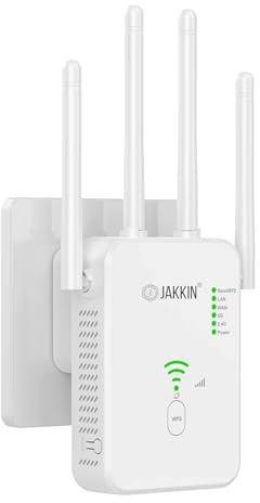 WiFi Extender Booster 1200Mbps - Jakkin - Lightning Protected Dual Band Range Extender, 4 Antennas, Covers 1500sq.ft, Works with All UK Routers, 60-Second Setup