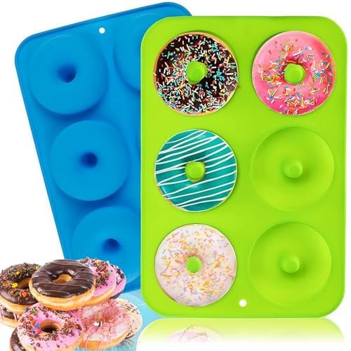 Stampo Ciambelline,2 Pezzi Stampo Ciambella Silicone,Antiaderenti per Donut Baking Biscotti 6 Cavità Stampi per Dolci Silicone Donuts Per Torte,Muffin,Biscotti,Bagel (Blu/Verde)