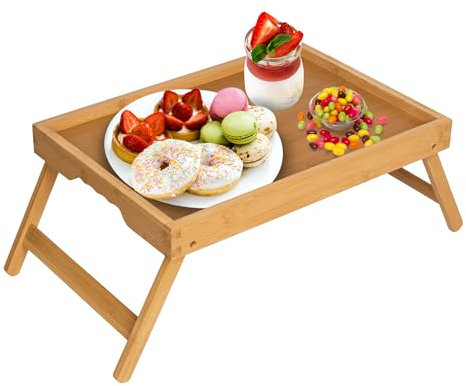 Artmeer Bed Tray Table with Folding Legs,Bamboo Breakfast in Bed for TV Table, Laptop Computer Tray,Eating,Snack Tray(Bamboo) Extra-Large Size