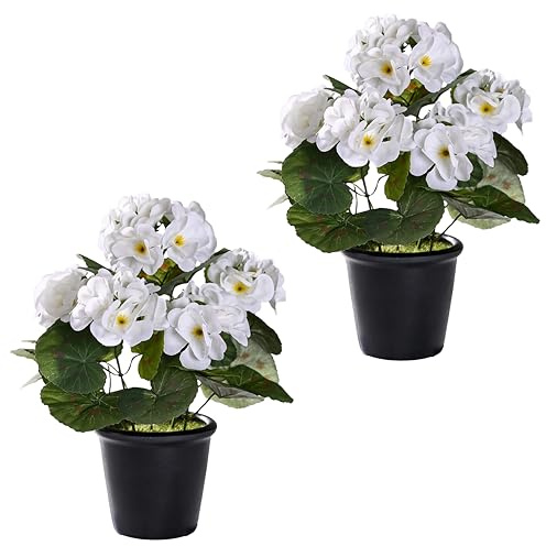 SEBOVIM 2PCS Artificial Geraniums Silk Flowers for Grave Home Outdoor Decor Garden (White)