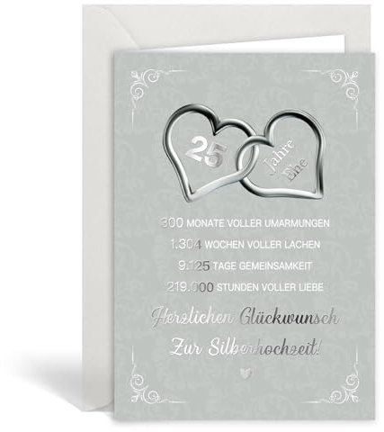 MEJOSER Silberhochzeit Karte 12x18cm Geschenk mit Umschlag Silberne Hochzeit Klappkarte 25 Jahre Geschenke Hochzeitstag Deko für Frauen Männer