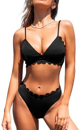 CUPSHE Damen Bikini Set mit Muschelkante Triangel Tropicalmuster Bademode | Zweiteiliger Badeanzug Swimsuit, Verstellbare Träger, Abnehmbare Cups, Wellenkante, Rückenbindung, Blattmuster
