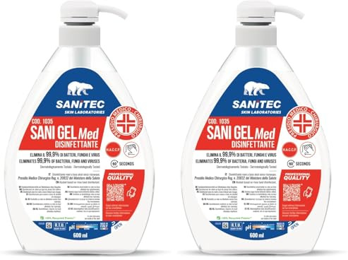Sanitec, Sani Gel Med, Disinfettante Mani a Base di Alcol senza Risciacquo, Disinfettante Idroalcolico che Elimina il 99,9% dei Batteri, Ideale in Qualsiasi Ambito, Made in Italy, 600 ml