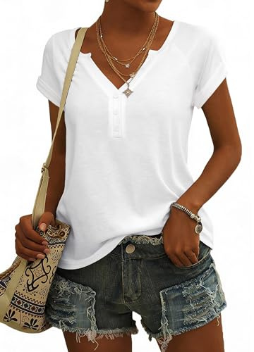 Demegimi Womens T Shirts V Neck Henley Short Sleeve Casual Tops White L