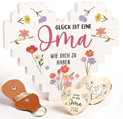 Giftota Oma Geschenk – „Glück ist, eine Oma wie dich zu haben“, herzförmige Bausteine mit Glücksbringer für Geburtstag, Muttertag und Weihnachten