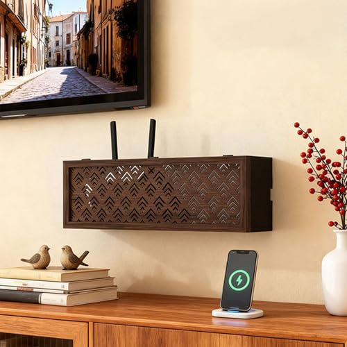 HPIRFYE Armario oculto para router WiFi montado en pared, con ventilación y gestión de cables, se puede colocar en pared o suelo, almacenamiento discreto para hogar u oficina