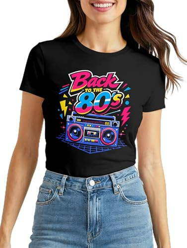 MoonWorks® Damen T-Shirt - Back tu the 80s - Retro Design Fasching Karneval Kostüm-Ersatz Verkleidung Last Minute Kostüm Funshirt Slim Fit