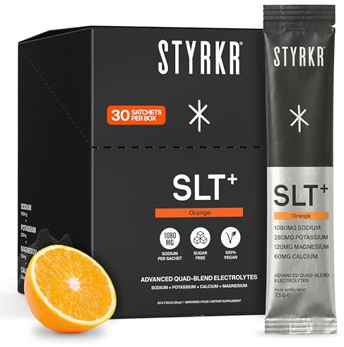 Styrkr SLT+ High Sodium Elektrolyt Powder Sachets (30 Portionen 1000mg+ Natrium) - Zero Sugar Hydration Drink Mix für Laufen, Radfahren & Ausdauer - Elektrolyte mit Magnesium & Kalium (Orange)