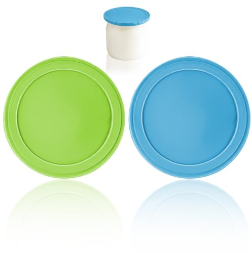 Reusable Silicone Yogurt Pot Lids (2 Pack, Blue/Green) - Stretchy Food Covers for 95mm Yoghurt Jars, Airtight & Leakproof Seal, Eco-Friendly Cling Film Alternative, Dishwasher Safe