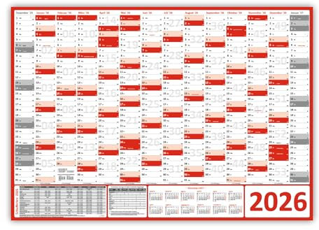 XXL Wandkalender Wandplaner 2026 rot (gerollt) DIN A0 Format (841 x 1189 mm) 14 Monate, komplette Jahresvorschau Folgejahr und Ferientermine Feiertage aller Bundesländer