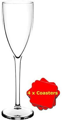 6 flûtes à champagne en polycarbonate incassable - Verre optiqueIdéales pour les pique-niques, les piscines extérieures, les barbecues, le jardin, etc.Lavables et réutilisables.6 verres et 4 sous-verres