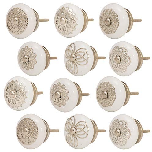 Knober 12 X Möbeknopf | MIXSET Silber | Montur aus Edestahl | Möbelknöpfe 40mm Knauf | Türgriff Gewinde metrisch M3 | edel anmutend | Keramik und Edelstahl | filigrane Krone