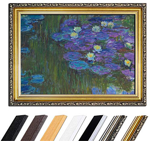 Bild mit Rahmen - Claude Monet Seerosen in voller Blüte 50x40 cm - Gerahmtes Leinwandbild Alte Meister - Antiker Rahmen Gold Barock, Klassisch