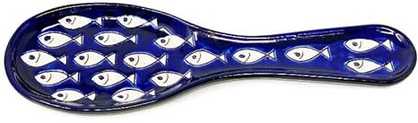 Verano Spanish Ceramics Signature Blue & White Fish Hand Painted Decorative Spoon Rest - Home Décor Dining Tabletop Dishware Sharing Serving Utensils Kitchen Teaspoon Tea Bag Holder - 28cm White Fish