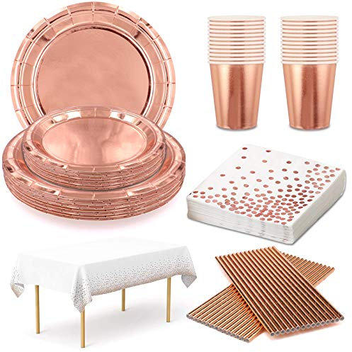 Lilydora Set Compleanno Oro Rosa Party Piatti Bicchieri Biodegradabili Stoviglie Compleanno Tovaglioli Cannucce Carta Tovaglia Kit Feste Compleanno Oro Rosa 24 Ospiti