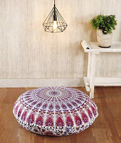 Popular Handicrafts Großer Hippie-Mandala-Boden-Kissenbezug – Kissenbezug – Pouf-Bezug rund böhmische Yoga-Dekoration Bodenkissenbezug – 81,3 cm weiß rosa