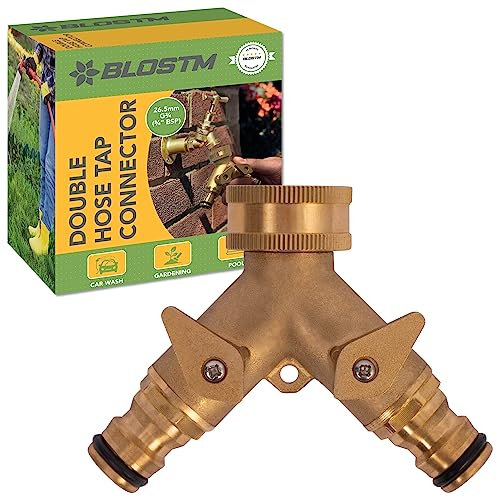 BLOSTM Grifo Jardin Doble Salida - Distribuidor 2 Vias Antifugas de Latón Grifo Doble Jardin para Sistemas de Riego, Grifo Manguera Jardin y Equipos de Jardinería - Latón Conector 2 Vías