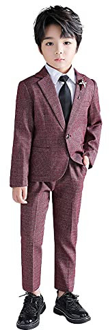 LOLANTA Kinder-Tweed-Anzug, 2-teiliges festliches Set für Jungen, Hochzeits-Party-Outfits, Karierter Blazer und Hose, Abschlussball-Anlasskleidung, Rot, 9-10 Jahre, 150