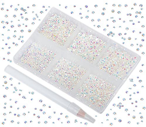 Bymitel 7200 Pieces 6 Mixed Sizes Glue Fix on Glass Rhinestones Round Crystal Gems Flatback for DIY Jewelry Making with one Picking Pen(6-Sizes 7200PCS, Starry Meteor)