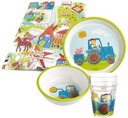 Haba Geschirrset Traktor Melamin mit Glitzertrinkbecher Kindergeschirr Geschenkset (3-teilig Glitzerbecher)