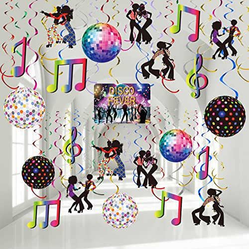 Dianelhall 53 Pieces 70s Disco Party Decorations Disco Ball Hanging Swirls Ceiling Decor for Retro Fever 70's Boogie 1970s Birthday Hippie Party Favors