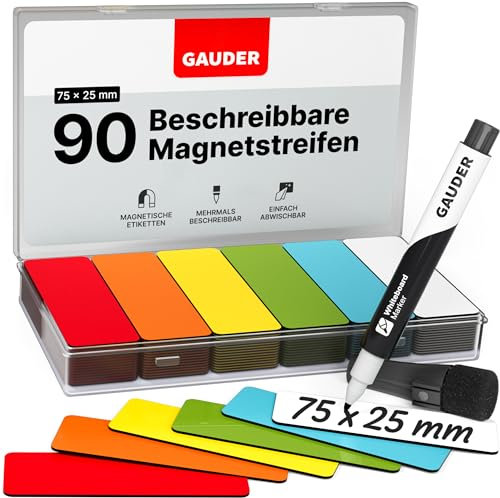 GAUDER Magnetetiketten beschreibbar - Wiederverwendbare Magnetschilder zum Beschriften für Whiteboard, Tafel, Kanban-Board und Kühlschrank - Magnetkarten mit Marker (90 Stück - 75 x 25 mm)