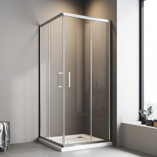 Boromal Duschkabine Eckeinstieg 90 x 90 cm mit Doppel Schiebetüren 6mm ESG Glas Dusche Duschabtrennung Duschwand Höhe 185cm ohne Duschtasse
