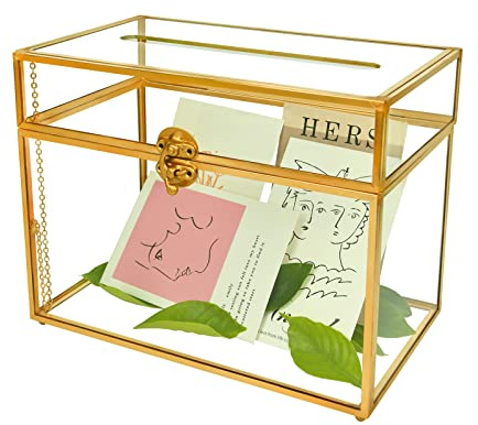 YIMORENCE V Goldfarbene Glas-Karten-Box für Hochzeit, Kartenhalter, Hochzeitsbox, Goldglas, Hochzeitsumschlag, rechteckige Form mit Schlitz und Fuß, perfekt für Hochzeitsempfang, Party-Zeremonie