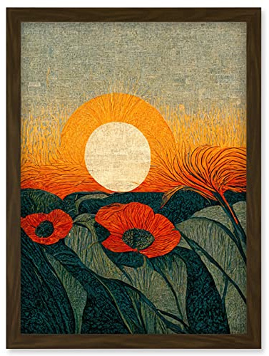 Doppelganger33 LTD Abstract Sunrise Over Poppy Meadow William Morris Style Artwork Framed Wall Art Print A4