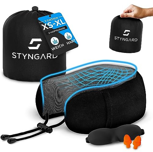 STYNGARD Nackenkissen Kinder aus Memory Foam [2 Härtegrade] - Nackenkissen Reise Kinder mit Schlafmaske - Nackenkissen Flugzeug - Modell Barcelona (Hartes Material, Schwarz)