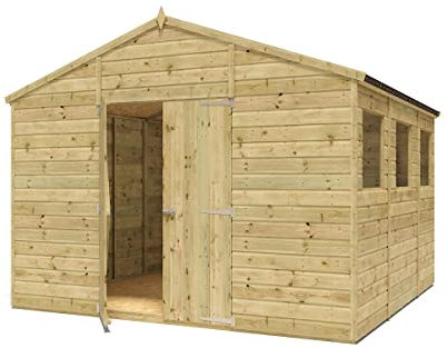 Project Timber 10 x 10 Pressure Treated Modular Hobbyist Tall Apex Wooden Garden Shed - Featuring Tongue & Groove Shiplap Cladding, Windowed Design, and Double Door Access