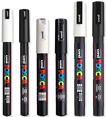 Posca - Ultra Fine to Fine Paint Marker Pens Set - PC-1MR, PC-1M, PC-3M - White & Black Ink - Pack of 6