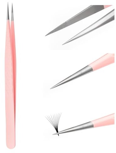 FADVAN Pince Extensions Cils a Epiler Pour Pince à Epiler Extension de Cils Professionnel Pince à Pointe Verticale en Acier Inoxydable Emballage Individuel Rose