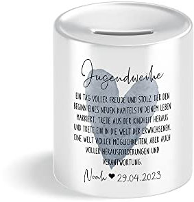 Spardose zur Jugendweihe für Mädchen und Jungen personalisiert mit Namen und Datum Geschenke Geschenk Geldgeschenk Deko (Herz Blau)