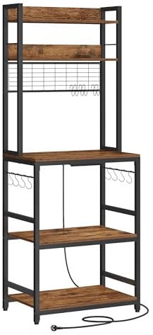 VASAGLE Estantería para Panadería con Toma de Corriente, Soporte de Microondas, Estantería de Cocina, Alambre de Metal, 14 Ganchos, 40 x 60 x 170 cm, Marrón Rústico y Negro KKS037B01EU