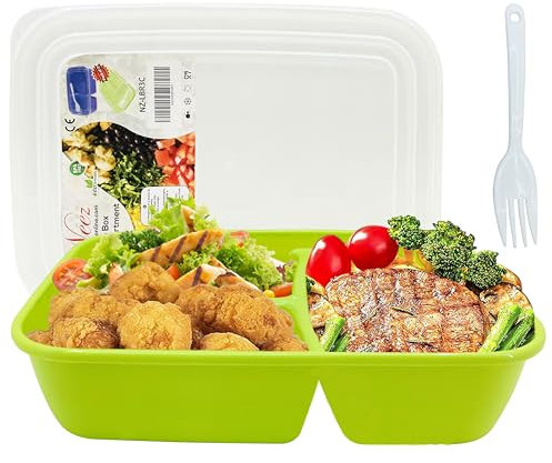 NEEZ Lunch Box - 3 Scomparti Porta Pranzo con Cucchiaio (1400ml), Schiscetta Contenitore per Ufficio, Scuola & Università, Adatto al Microonde, Porta Merenda Senza BPA (Verde)