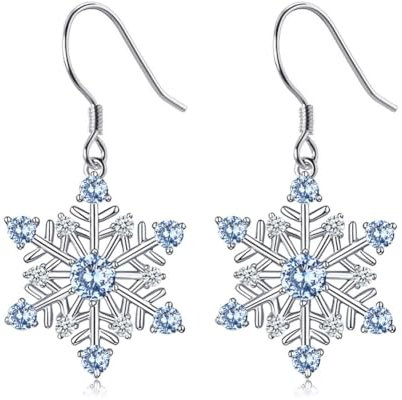 Zolkamery Silber Damen Schneeflocke Ohrringe - 925 Sterling Silber Weihnachten Dangle Mit Blau Zirkonia, 14mm Klein Tropfen, Allergenfrei Winter Ohrschmuck Geschenk