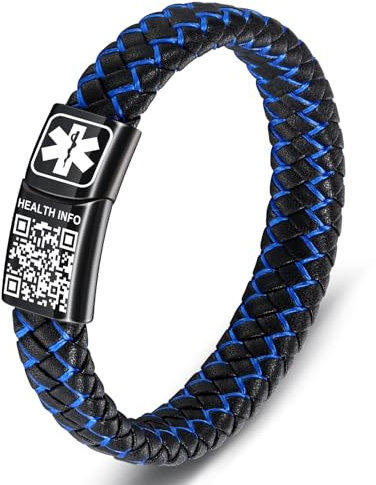 Theluckytag Verbessertes medizinisches Armband für Herren mit QR-Code, medizinische Notfall-ID-Armbänder – 17,8 cm – 20,3 cm, Vintage-gewebtes Lederarmband, Schnalle, mehr Platz sparen,