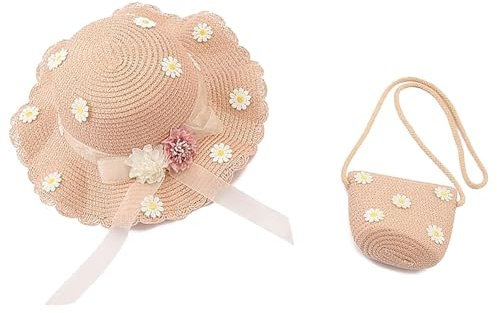 Cappello Di Paglia Da Spiaggia per Bambina con Borsa per Viaggiare, Rosa