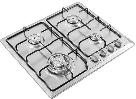 lousriyy Fornello a gas da incasso, propano/gas naturale, argento, 58 x 50 cm, accensione elettronica, 4 bruciatori ad alte prestazioni, antiscivolo, sistema di interruzione della fiamma