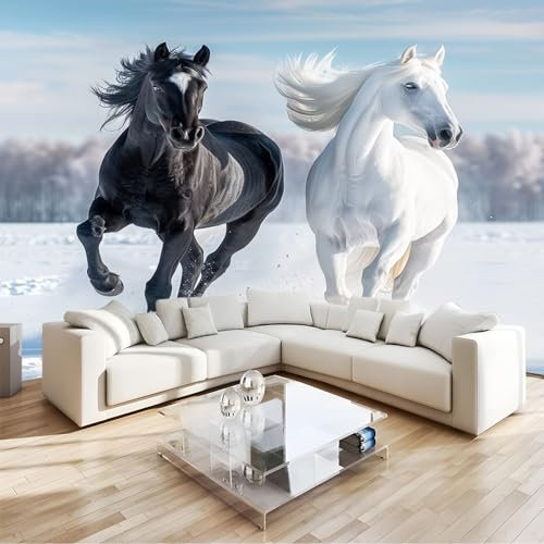 Papier Peint Panoramique 3D animal cheval noir et blanc 200x140 cm Papier Peint Intissé Pour Salon Chambre Enfant Chambre Décoration Murale Moderne Poster Tableaux Photo Muraux