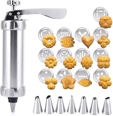 Spara Biscotti per Frolla Lega Di Alluminio Siringa Sparabiscotti Con 13 Stencil E 7 Beccucci Set Di Siringhe per Pasticceria Accessori Da Forno