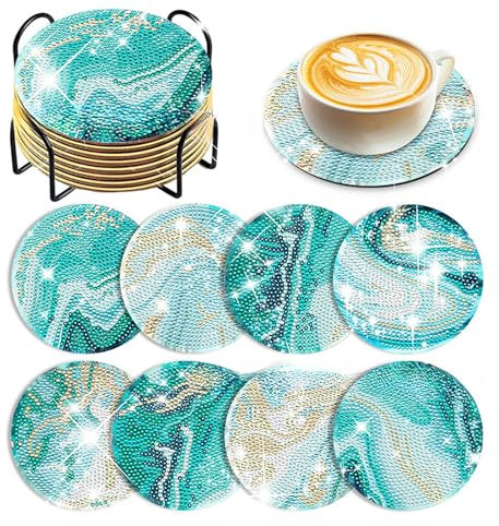 8 Stück Diamond Painting Untersetzer, Diamant Painting Getränkeuntersetzer mit Halter DIY Coasters Rund Glasuntersetzer Diamant Tassenuntersetzer für Basteln Erwachsene