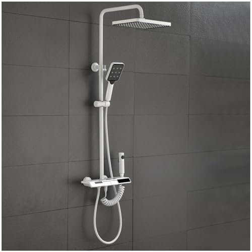 SWHC Regendusche Duschsystem, Duscharmatur mit LED Höhenverstellbare Duschstange 4 Funktionen Messing Duschsystem mit Duschkopf, Handbrause, Bidet Handbrause, Armatur Badewanne, Weiss