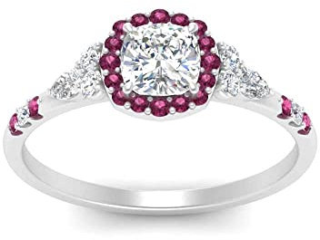 CaratYogi Bague de fiançailles Halo Edwardian Argent Sterling Saphir Rose créé Forme Coussin façonner Petites bagues de fiançailles réglage des Broches Taille 49